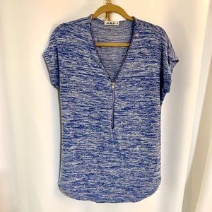 Blue Knit Zipper Cap Sleeve Top, Work Blouse